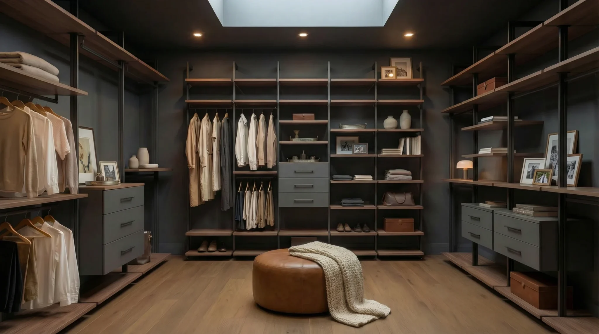 Dark walk-in closet with open shelving and drawers