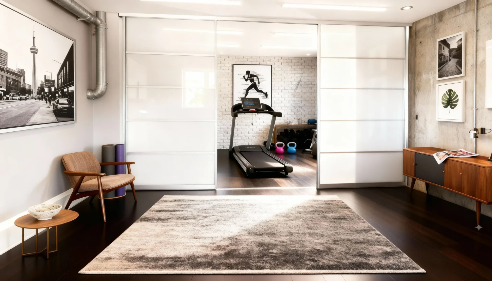 Lumi frosted sliding glass room divider enclosing a home gym