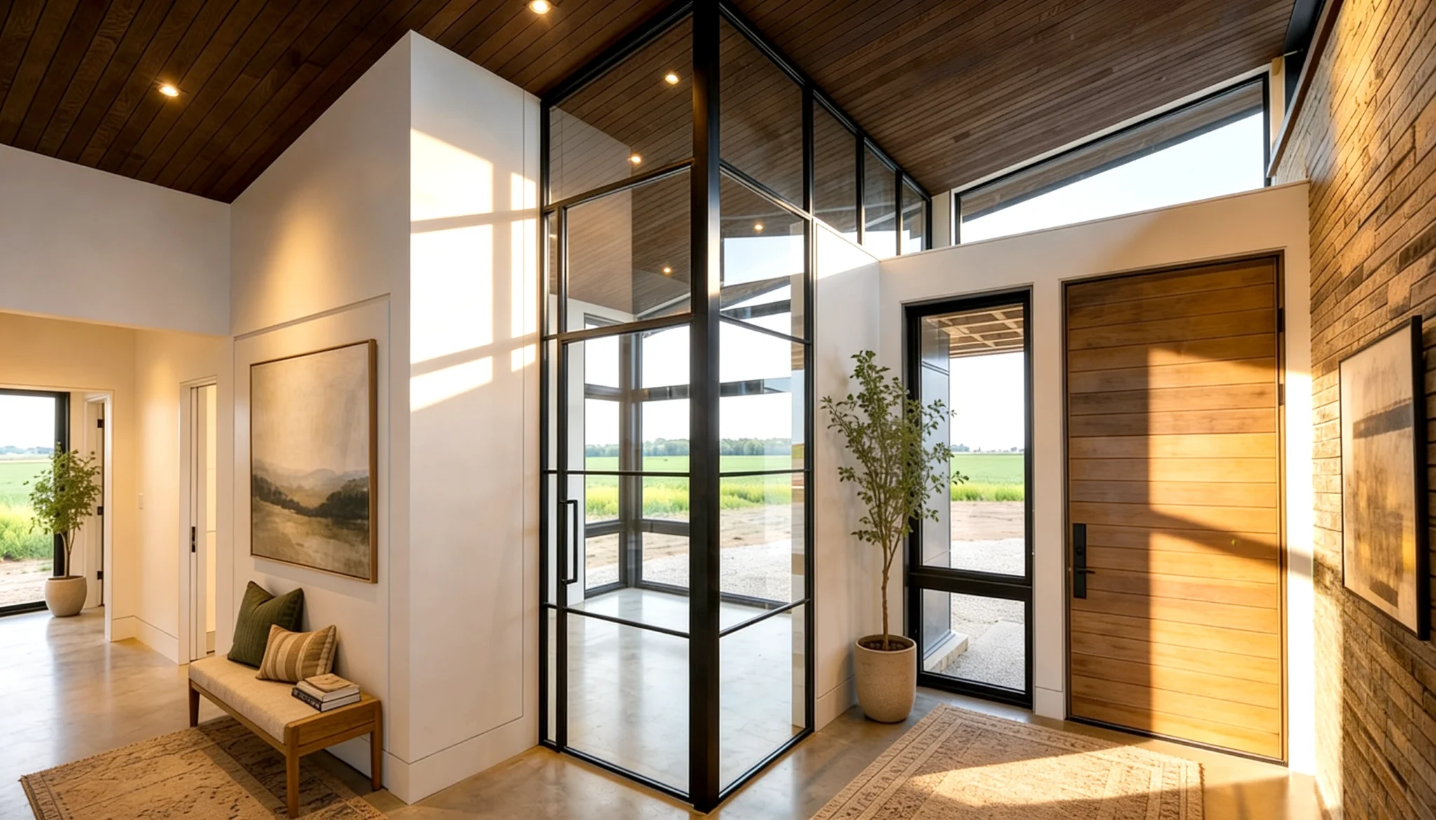 Black-frame glass home office partition in an entryway