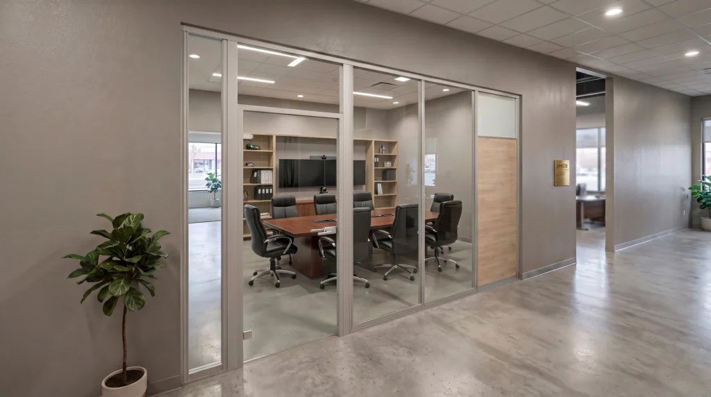 Aluminum framed glass boardroom partition with a warm laminate panel and sliding door by Komandor