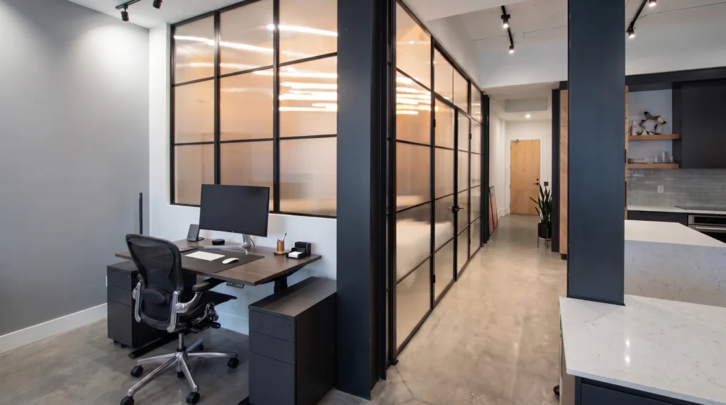 Black aluminum grid-framed glass partition enclosing a private loft office by Komandor