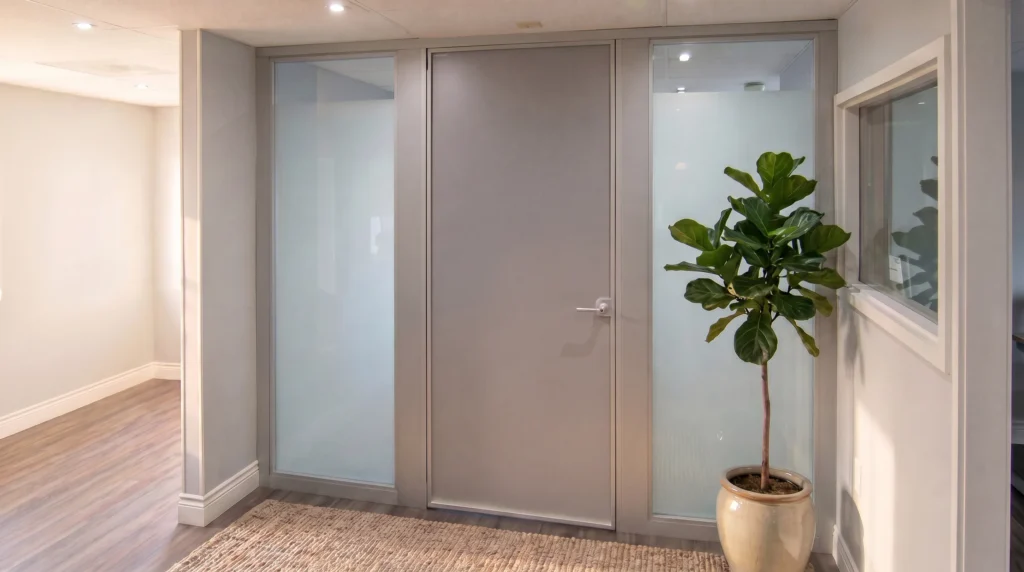 Champagne aluminum framed private office door with frosted glass sidelights by Komandor
