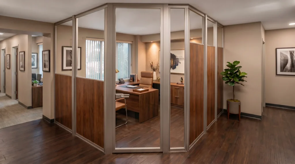 Walnut and clear glass corner office partition on an aluminum corner post by Komandor