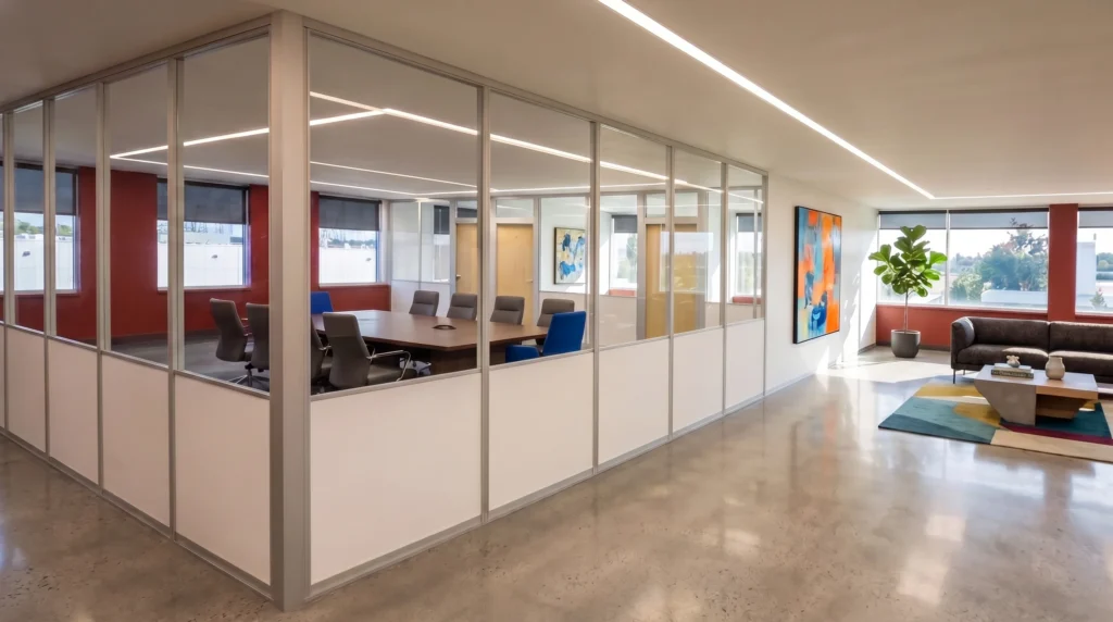 White aluminum framed glass meeting room partition with solid lower panels by Komandor