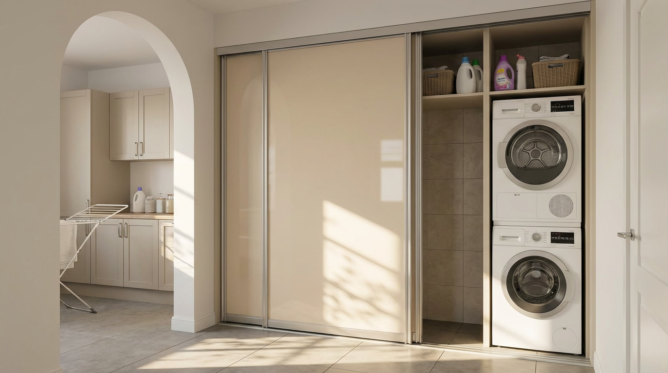 Fitted laundry room with a dryer and cabinetry behind cream sliding doors