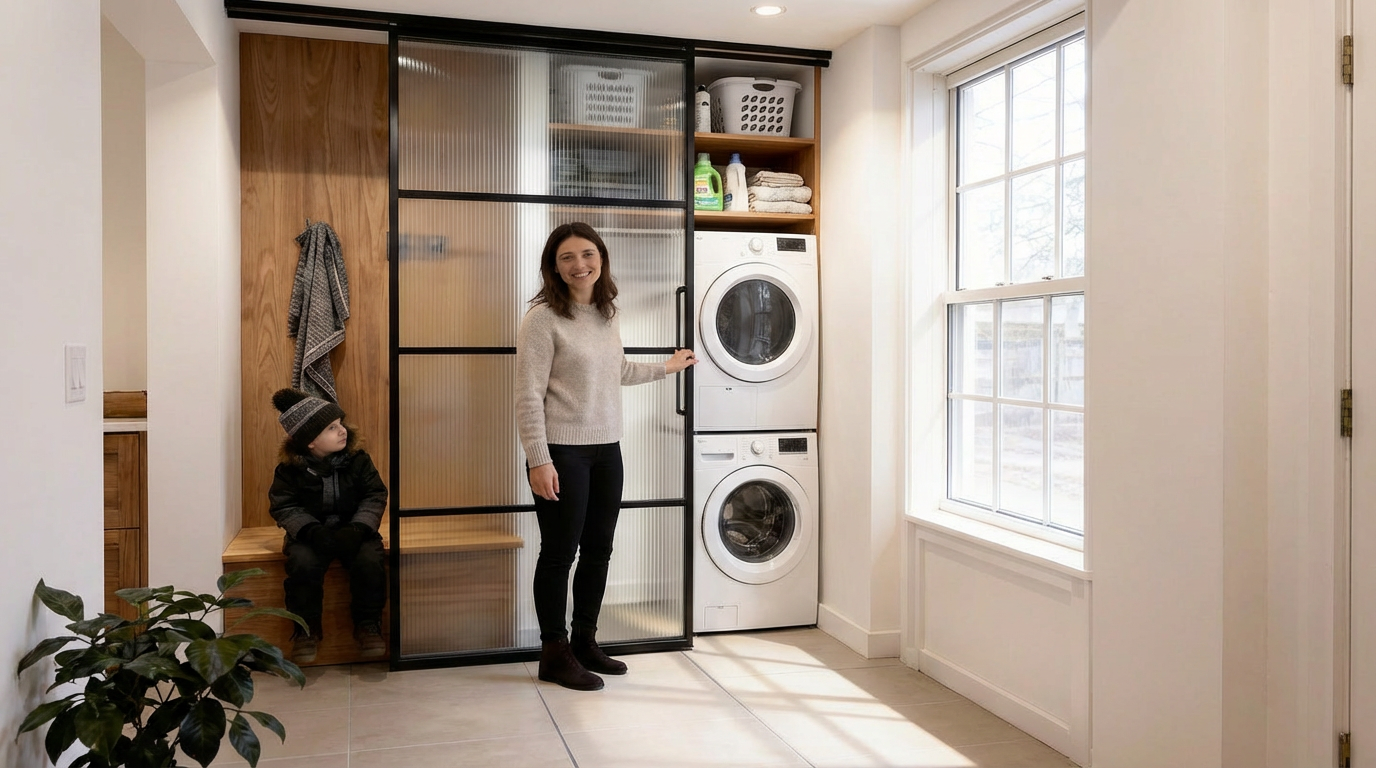 Mudroom laundry with a bench and reeded glass doors