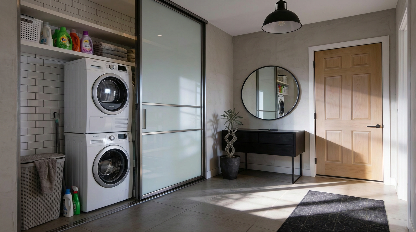 Sliding closet doors concealing a laundry nook