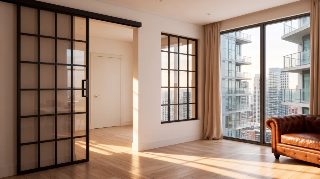 Black gridded glass sliding doors separating a condo entry from the living space by Komandor