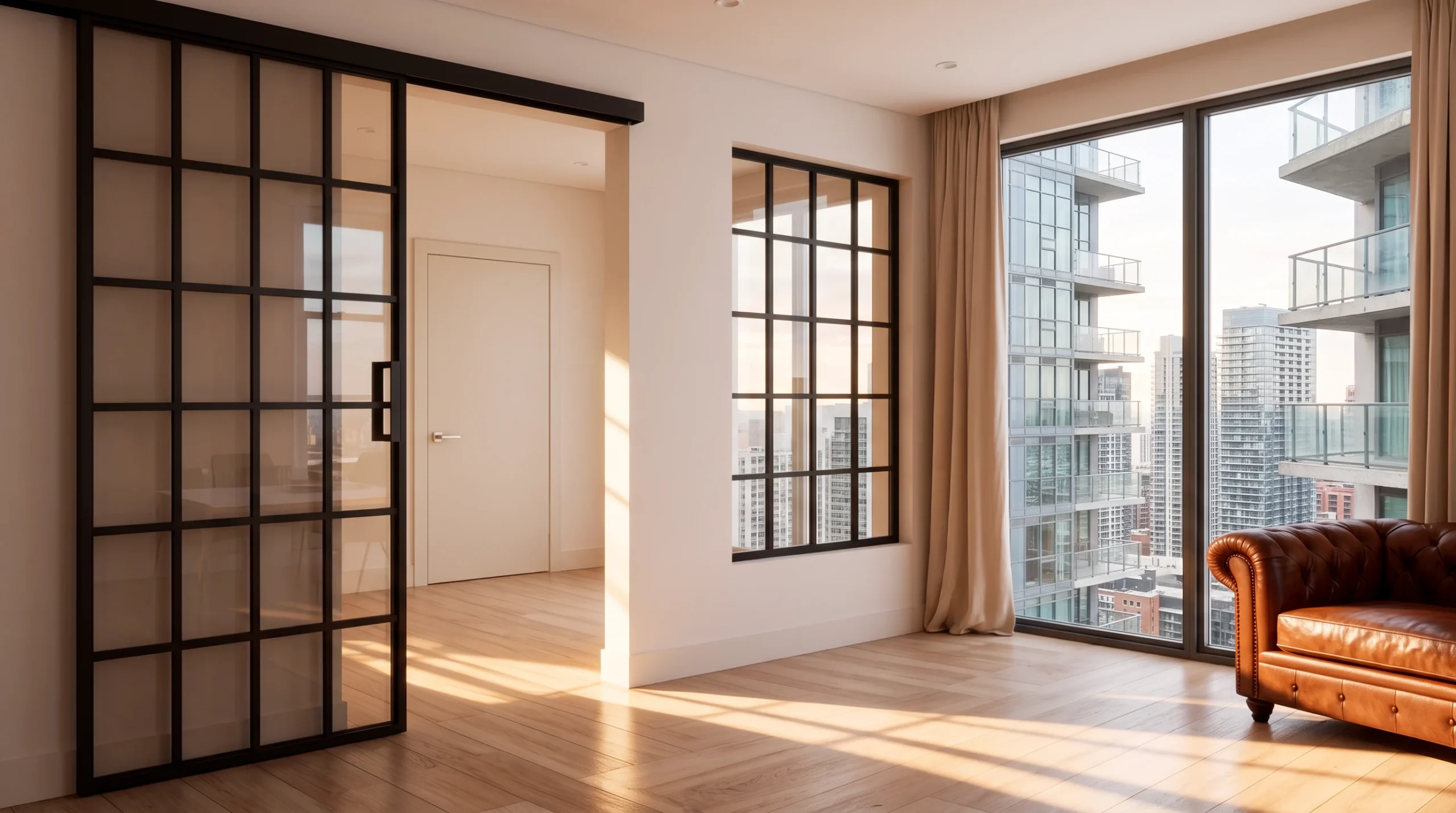 Black gridded glass sliding doors separating a condo entry from the living space by Komandor