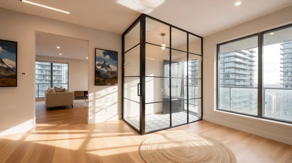 Black-framed gridded glass corner vestibule enclosing a condo entry by Komandor