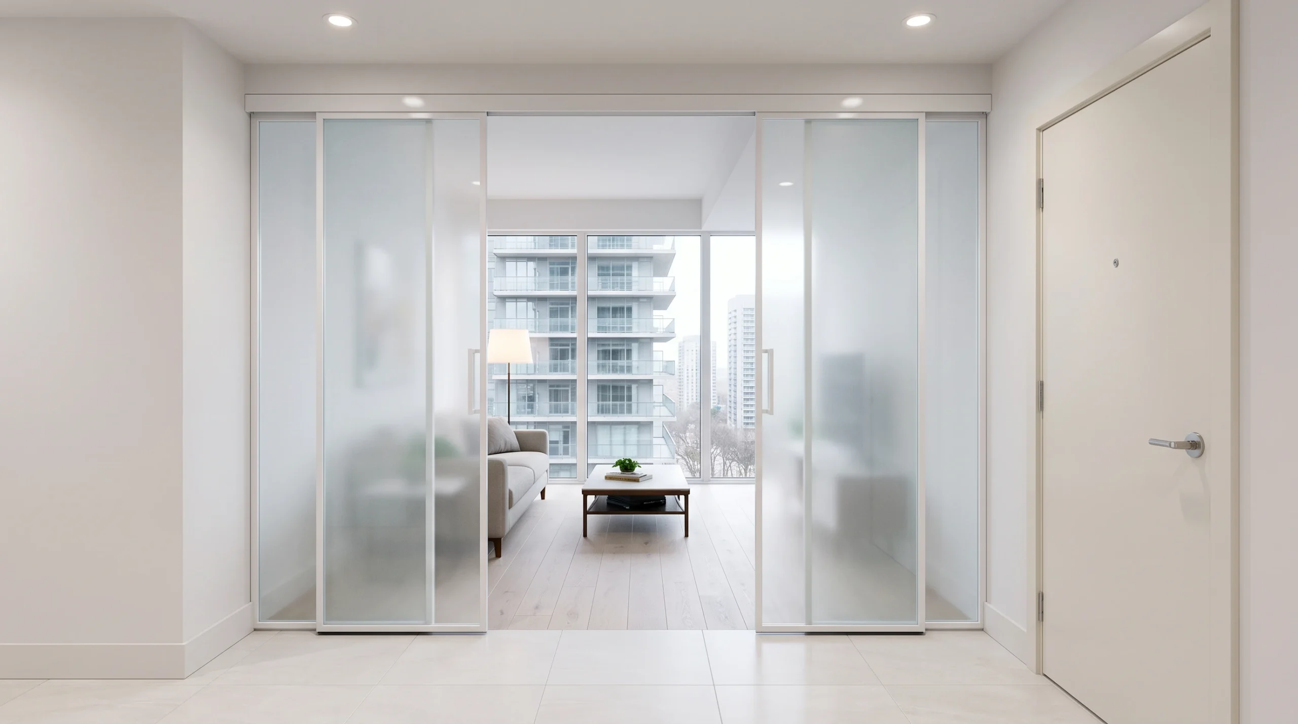 Frosted glass sliding doors separating a condo entry from the living room by Komandor