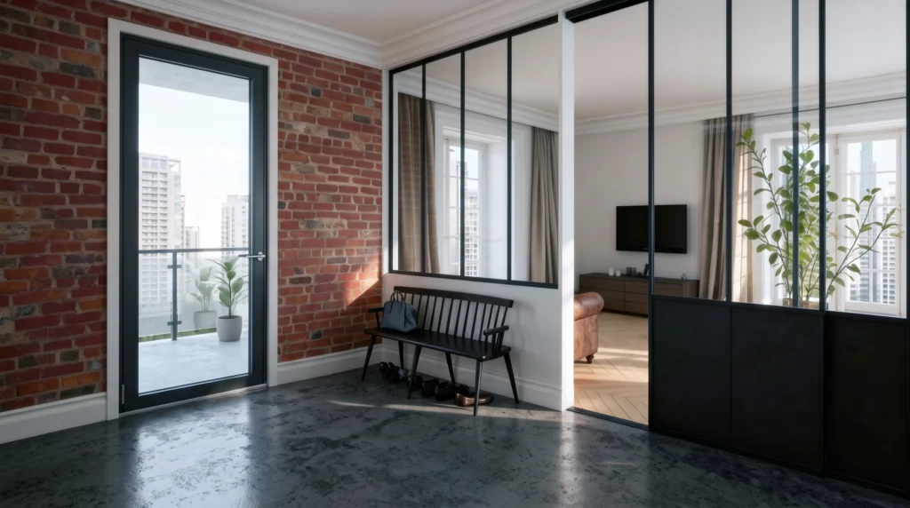 Black-framed gridded glass entry partition with balcony door in a Toronto condo loft by Komandor