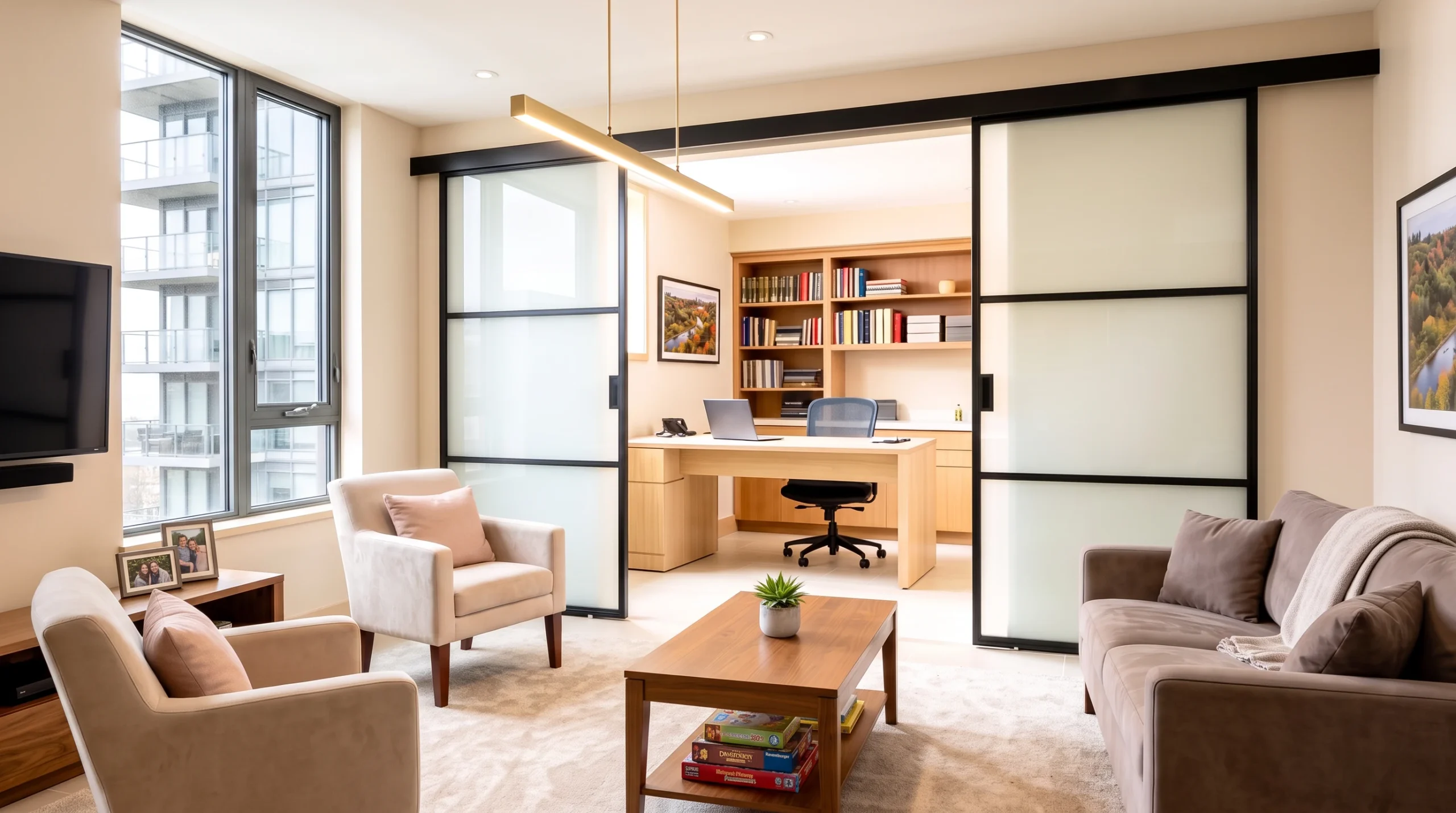 Frosted glass sliding partition separating a home office from a condo family room