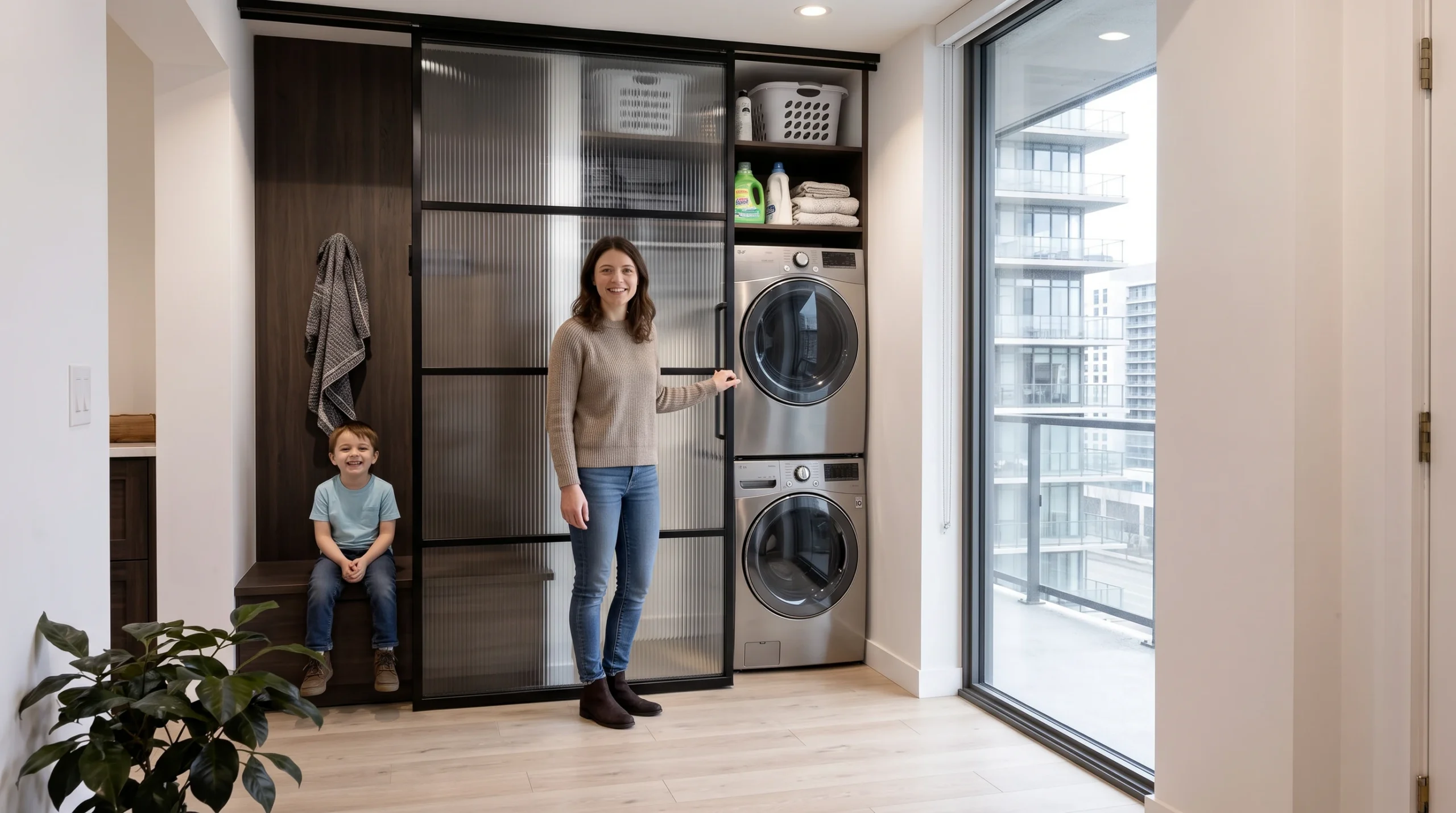 Reeded glass sliding door concealing a stacked silver washer and dryer in a condo entry by Komandor