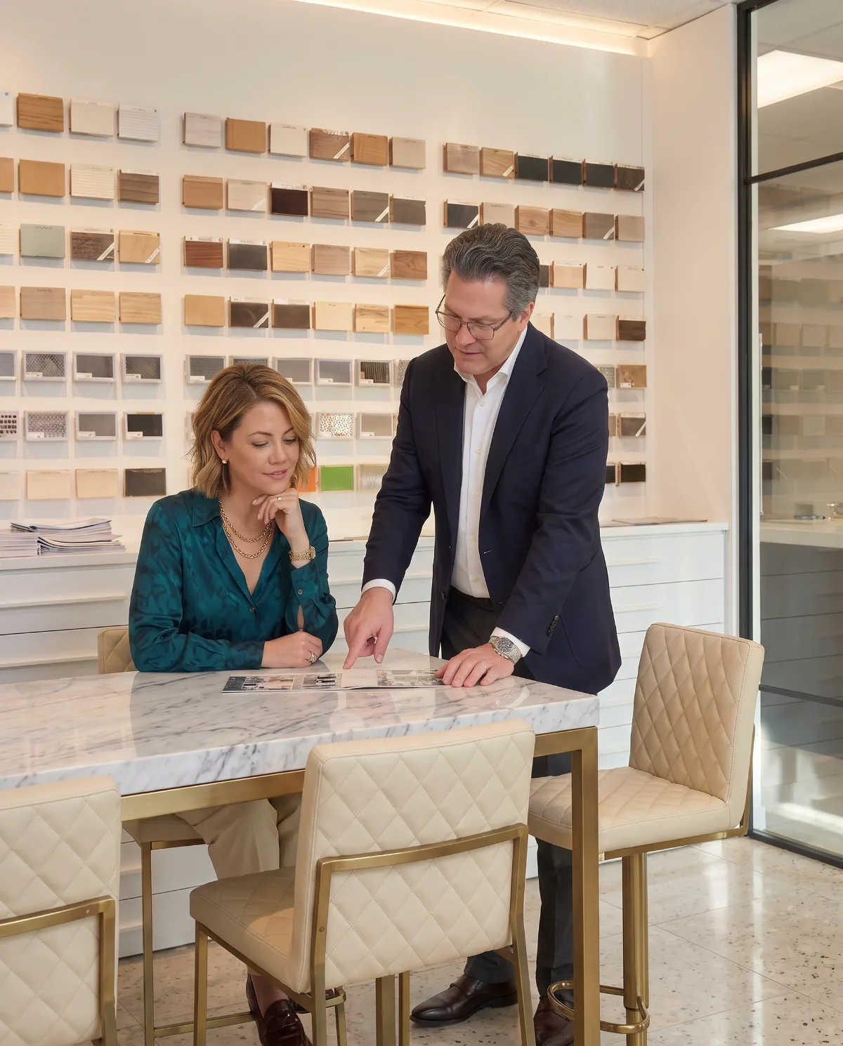Design consultation over finish samples in the Komandor showroom